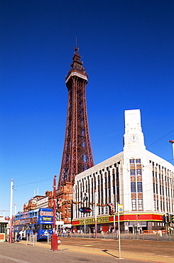 Blackpool Tower and Seafront Promenade, Blackpool, Lancashire, England, United Kingdom, Europe