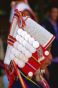 Akha hilltribe woman wearing traditional silver headpiece and costume, Golden Triangle, Chiang Rai, Thailand, Southeast Asia, Asia