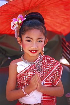 Portrait of girl in traditional Thai costume at the Chiang Mai Flower Festival, Chiang Mai, Thailand, Southeast Asia, Asia