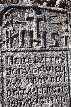 Detail of tombstone engraving, Glendalough Monastic Site, County Wicklow, Leinster, Republic of Ireland, Europe