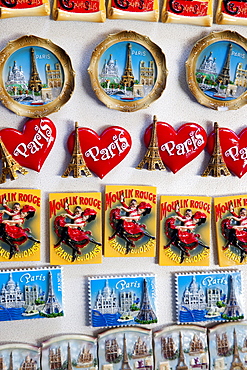 Fridge magnet display depicting Paris landmarks, Paris, France, Europe