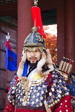 Portrait of ceremonial guard in traditional uniform, Deoksugung Palace, Seoul, South Korea, Asia