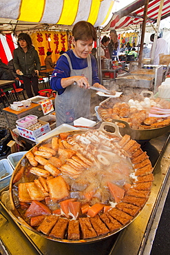 Food stall selling oden, Kitano Temmangu Shrine, Kyoto, Japan, Asia