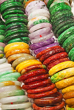 Close-up of jade bracelets, Jade Market, Yau Ma Tei, Kowloon, Hong Kong, China, Asia