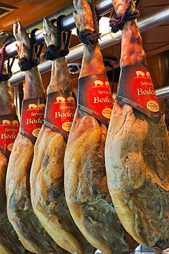 Spanish hams, La Boqueria Market, The Ramblas, Barcelona, Catalonia, Spain, Europe