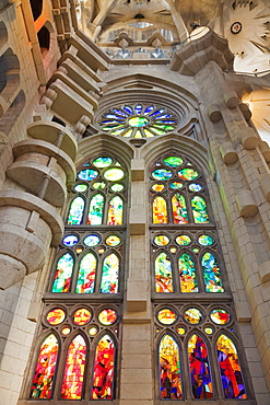 Stained glass windows, Sagrada Familia, UNESCO World Heritage Site, Barcelona, Catalonia, Spain, Europe