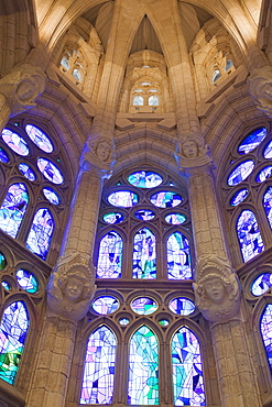 Stained glass windows, Sagrada Familia, UNESCO World Heritage Site, Barcelona, Catalonia, Spain, Europe