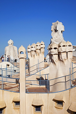 Rooftop chimneys, Casa Mila (La Pedrera), UNESCO World Heritage Site, Barcelona, Catalonia, Spain, Europe