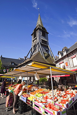 Bell Tower of St. Catherines Church and market, Honfleur, Normandy, France, Europe