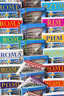 Display of souvenir illustrated books on souvenir stall, Rome, Lazio, Italy, Europe