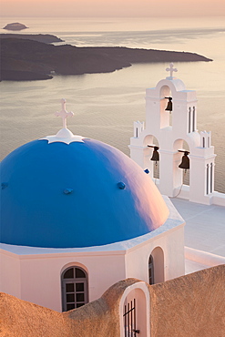 Church domes in evening sunlight, Santorini, Cyclades, Greek Islands, Greece, Europe