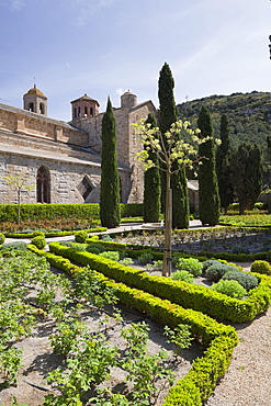 Rear of the Abbey Church from The Rose Garden in Fontfroide Abbey, Languedoc-Roussillon, France, Europe