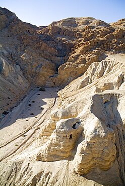 Aerial photograph of Qumran in the Northern Basin of the Dead sea, Israel