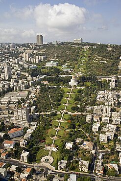 Aerial Bahai temple and Garden on the Carmel ridge, Israel