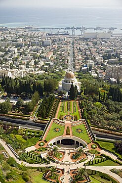 Aerial view of the Bahai temple and the port of Haifa, Israel