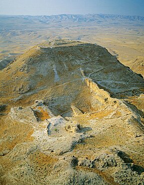 Aerial view of the remains of the city of Hyrcania, Israel