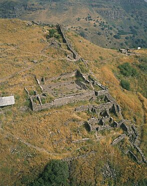 Aerial photograph of an ancient synagogue ruins at ancient Gamla, Israel