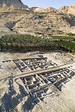 Aerial excavation of Ein Gedi in the northern basin of the Dead Sea, Israel