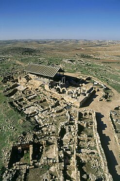 Aerial ancient synagogue of Susiya in the Judean Desert, Israel