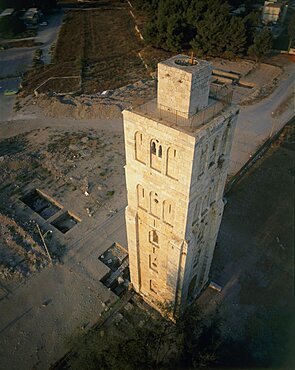 Aerial view of the white mosque in the ancient city of Ramla, Israel