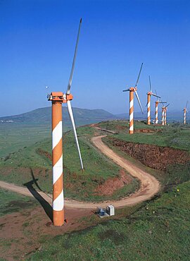 Aerial Wind Turbines on the summit of mount Bnei Ressen in the northern Golan Heights, Israel