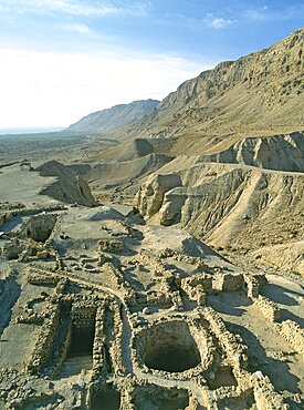 Aerial closeup of the ruins of Qumran in the Judea Desert, Israel