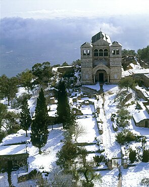 Aerial Transfiguration church on mount Tavor in the Lower Galilee at winter, Israel