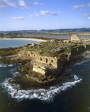 Aerial ruins of the Atlit forttress in the Coastal plain, Israel