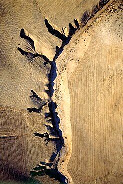 Aerial photograph of a dry watercourse in the hills of Lahav in the northern Negev, Israel