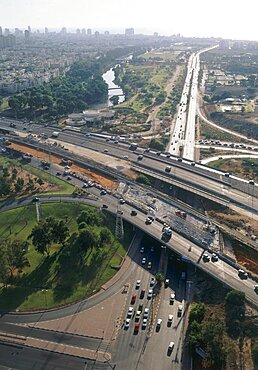 Aerial Ayalon highway in Tel Aviv, Israel