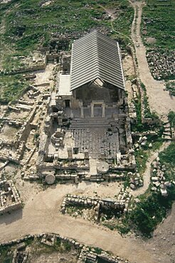 Aerial photograph of the archeologic site of Susiya dated to the Byzantine period, Israel