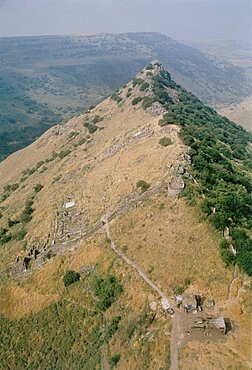 Aerial photograph of the archeologic site of Gamla in the Southern Golan Heights dated to early Roman period, Israel