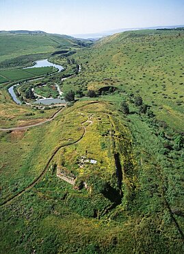 Aerial photograph of the ruins of the fortress of Ateret in Central Golan Heights dated to the Crusaders period, Israel