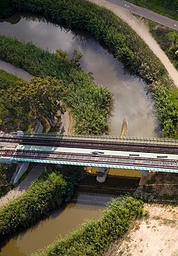 Aerial photograph of a bridge over the Yarkon stream, Israel