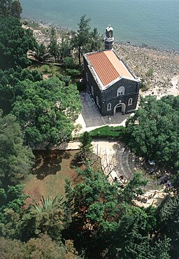 Aerial photograph of the church of Tabgha by the Sea of Galilee, Israel