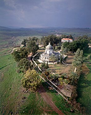 Aerial photograph of the church of the Beatitudes near the Sea of Galilee, Israel