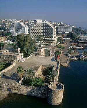 Aerial photograph of a church in the modern city of Tiberias, Israel