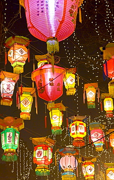 Chinese park decorated with bright and colorful hand-made lanterns during Chinese New Year, Chengdu, Sichuan, China, Asia