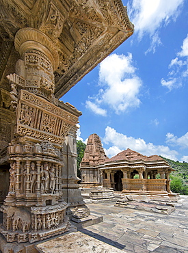 The Sas-Bahu Temples consisting of two temples and a stone archway with exquisite carvings depicting Hindu deities, near Udaipur, Rajasthan, India, Asia