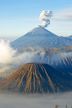 Mount Bromo, a volcano reaching 2392m, and Mount Semeru at 3676m early in the morning, Java, Indonesia, Southeast Asia, Asia