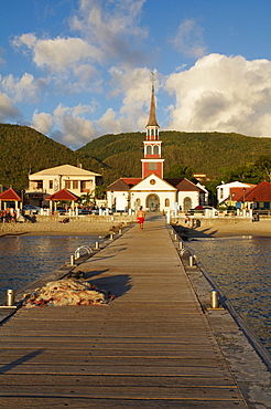 Church and pontoon, Grande Anse, Les Anses d'Arlet, Martinique, Windward Islands, French Overseas Department, West Indies, Caribbean, Central America