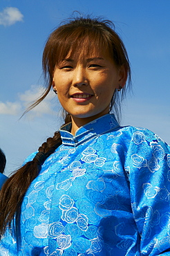 Young Mongolian woman in traditional costume (deel), Province of Khovd, Mongolia, Central Asia, Asia