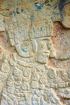 Detail of stone relief, ancient Mayan ruins, Chichten Itza, UNESCO World Heritage Site, Yucatan, Mexico, North America