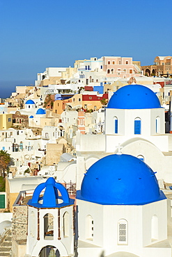 Church with blue dome, Oia (Ia) village, Santorini, Cyclades, Greek Islands, Greece, Europe