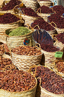 Spices and dates for sale in the market or souk of Aswan, Egypt, North Africa, Africa