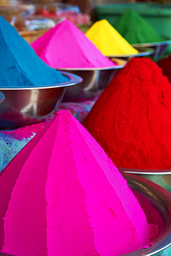 Coloured powders for sale, Devaraja market, Mysore, Karnataka, India, Asia