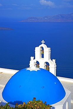 Church with blue dome overlooking the Aegean, Fira, Thira, Santorini, Cyclades, Greek Islands, Greece, Europe