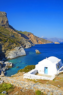 Beach and church, Agia Anna, Amorgos, Cyclades, Aegean, Greek Islands, Greece, Europe