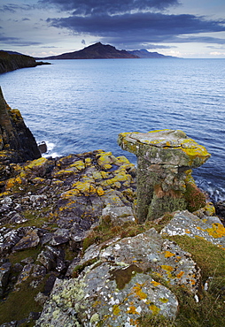 A view from the headland at the Braes villages, looking along the Sound of Raasay towards the mountain Ben Tianavaig, Isle of Skye, Scotland, United Kingdom, Europe