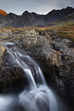 The Black Cuillin Hills viewed from the Fairy Pools circuit, Glen Brittle, Isle of Skye, Inner Hebrides, Scotland, United Kingdom, Europe